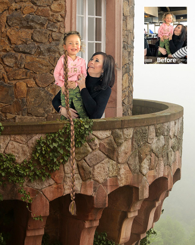 Creative image of woman and daughter on a balcony, with the girl's hair long and flowing like Rapunzel. 
