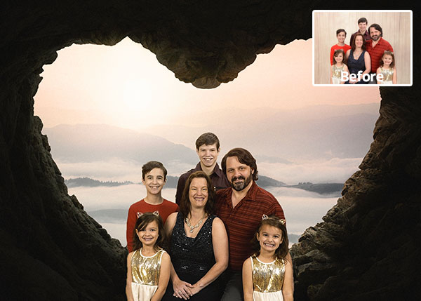 Creative image of family in heart-shaped cave. Father, mother, two boy, and two girls sitting next to one another. 