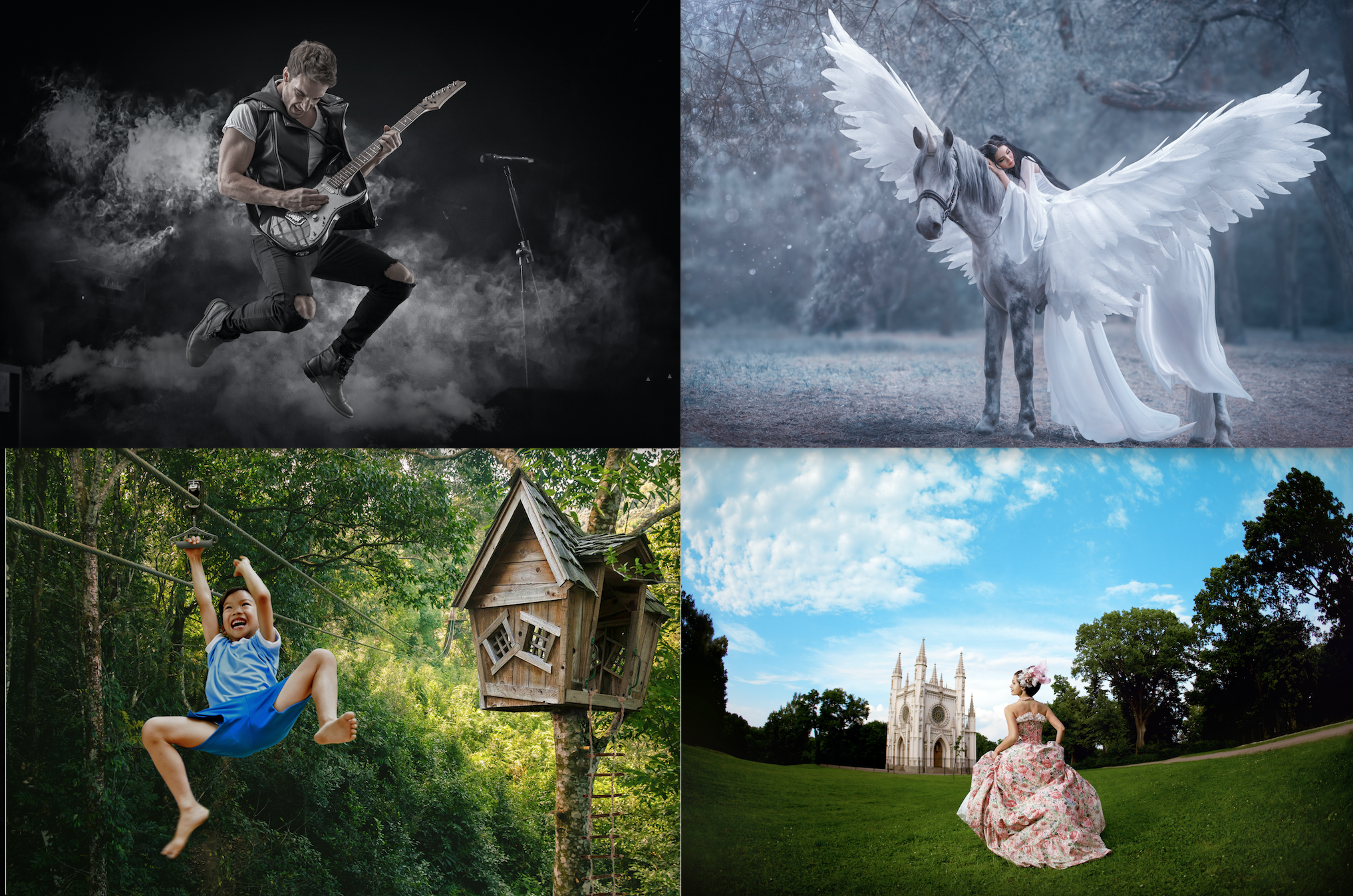 Make Believe lookbook grid. Four images of various make believe situations that are the best, such as being a rockstar, princess, jungle man, or the like. 