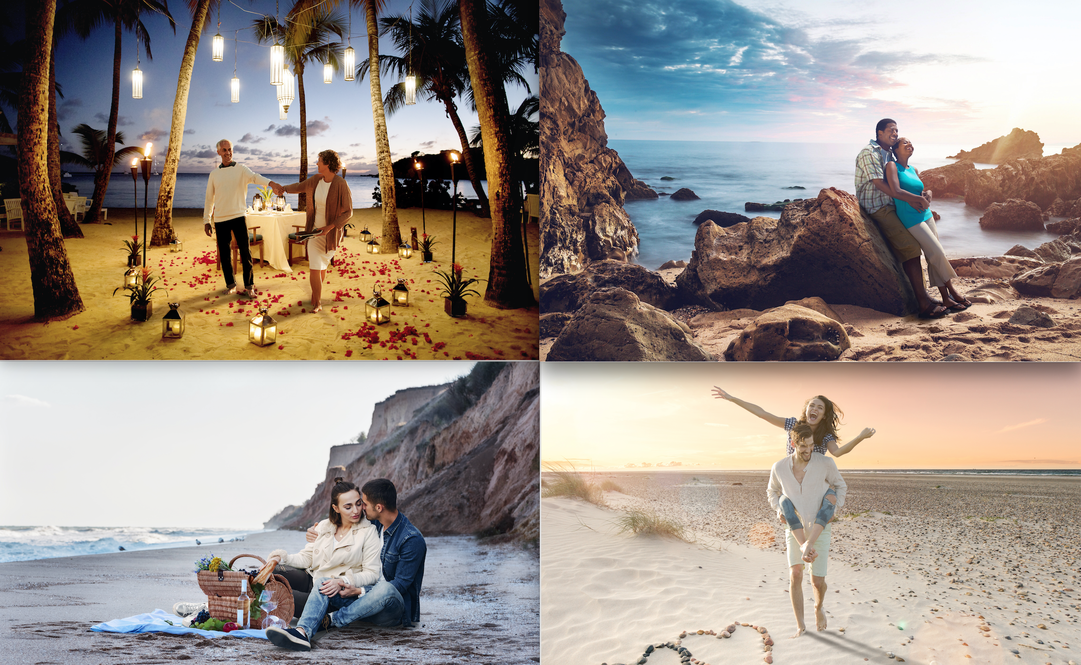 Grid of four romantic images. Numerous photos of couples having a picnic at the beach enjoying food and drink. The best background to place for a valentines gift for him. 