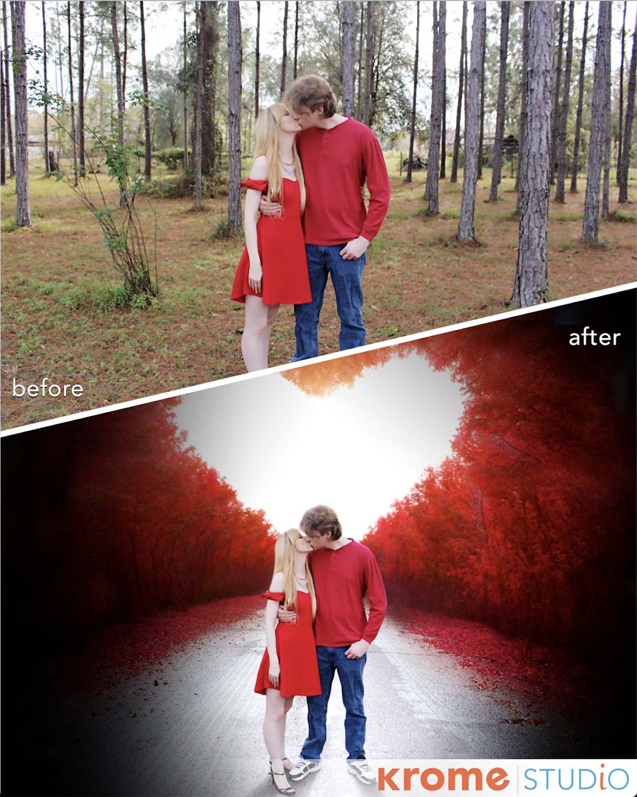 Two images on top of one another. Image one contains a couple kissing with a normal background. Image two contains the same couple but placed in a beautifully colorful and vibrant background of a road with trees of red leaves. The best photo service out there. 