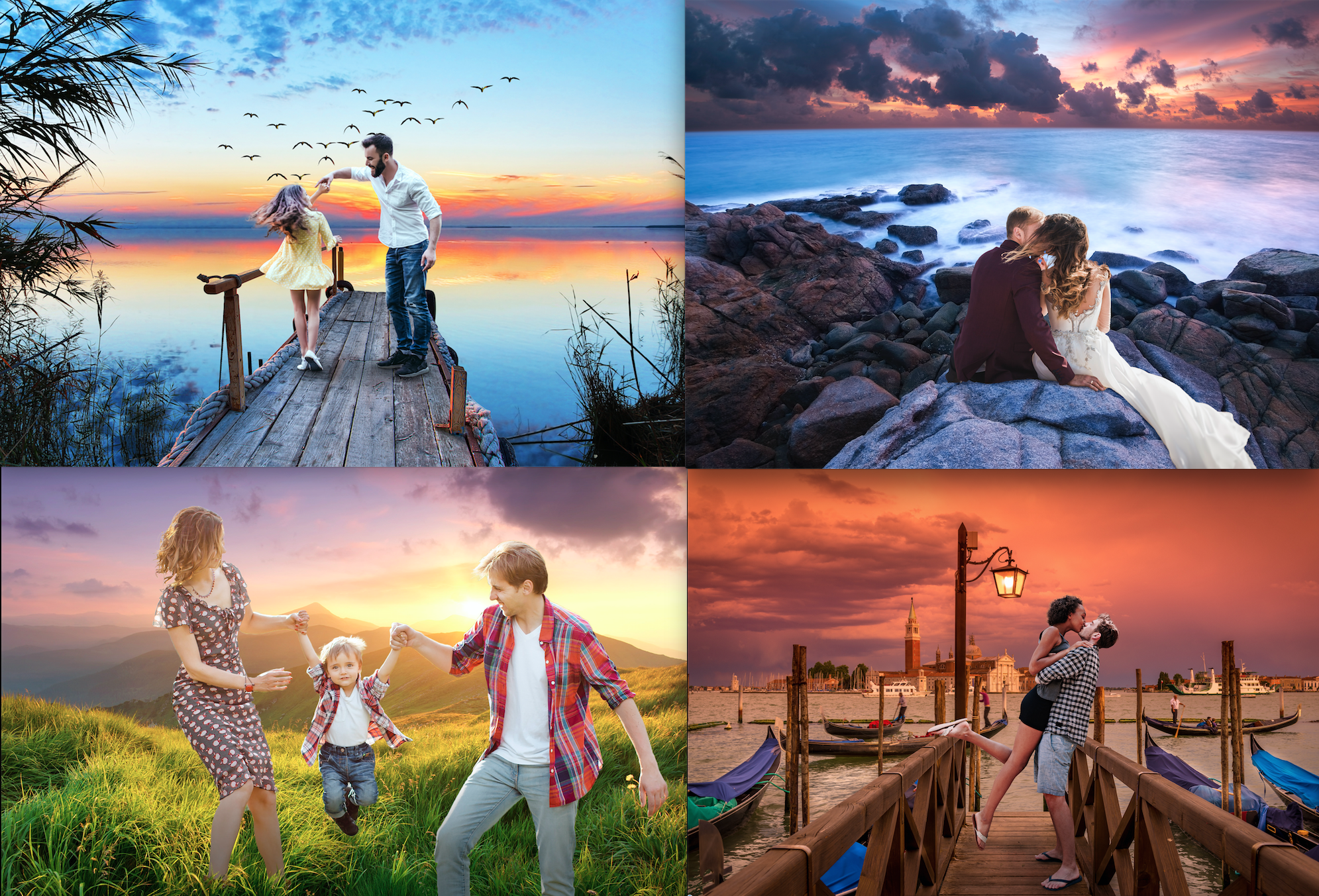 Grid of four images containing different sunset backgrounds. The best sunset designs to choose from for this Valentine's Day.