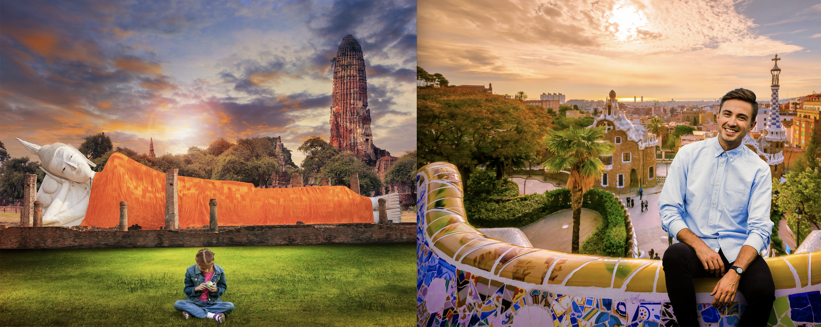 Grid of two images containing the best travel locations, the giant sleeping buddha and Barcelona. 