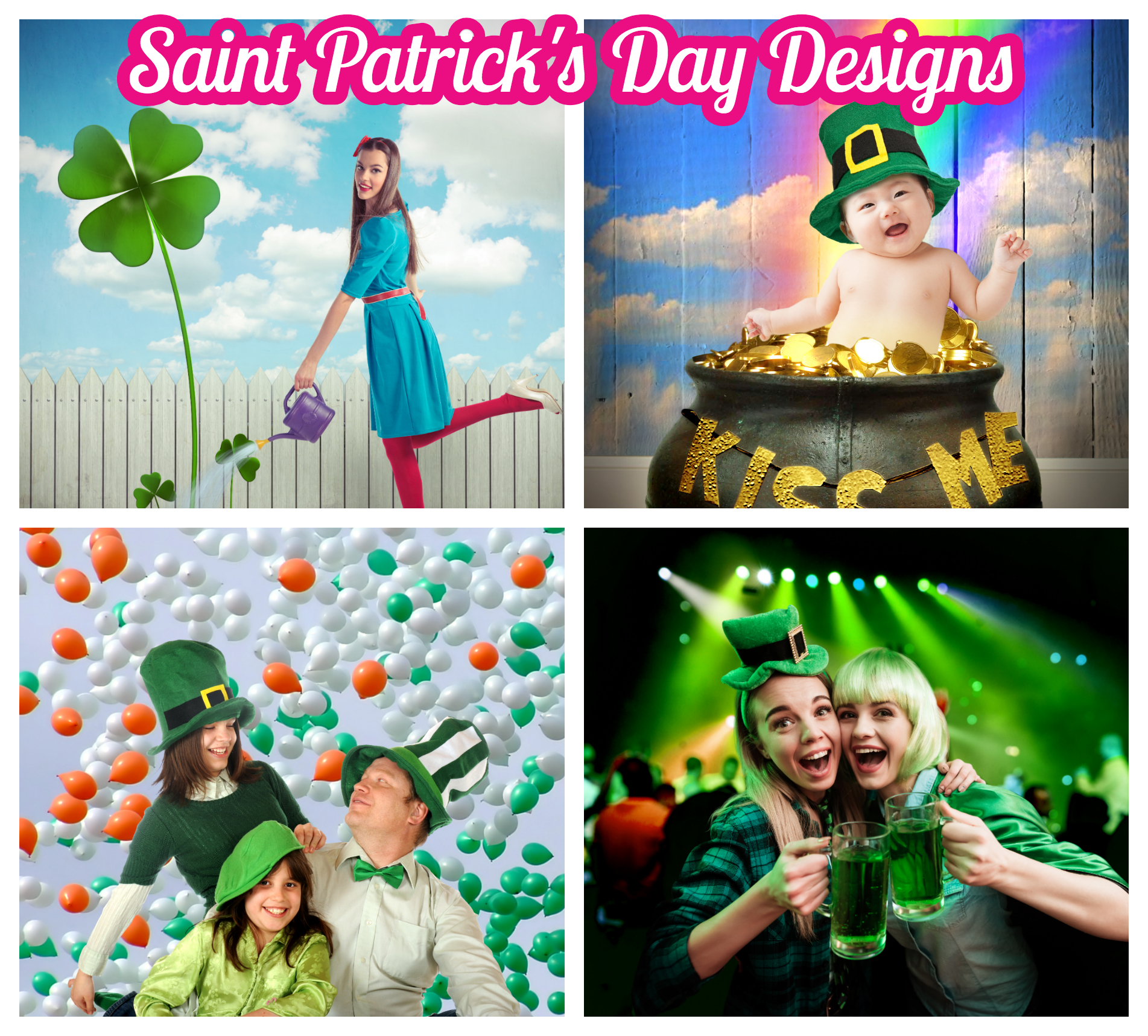 Grid of four St. Patrick's themed images and text saying "St Patricks Day Designs"