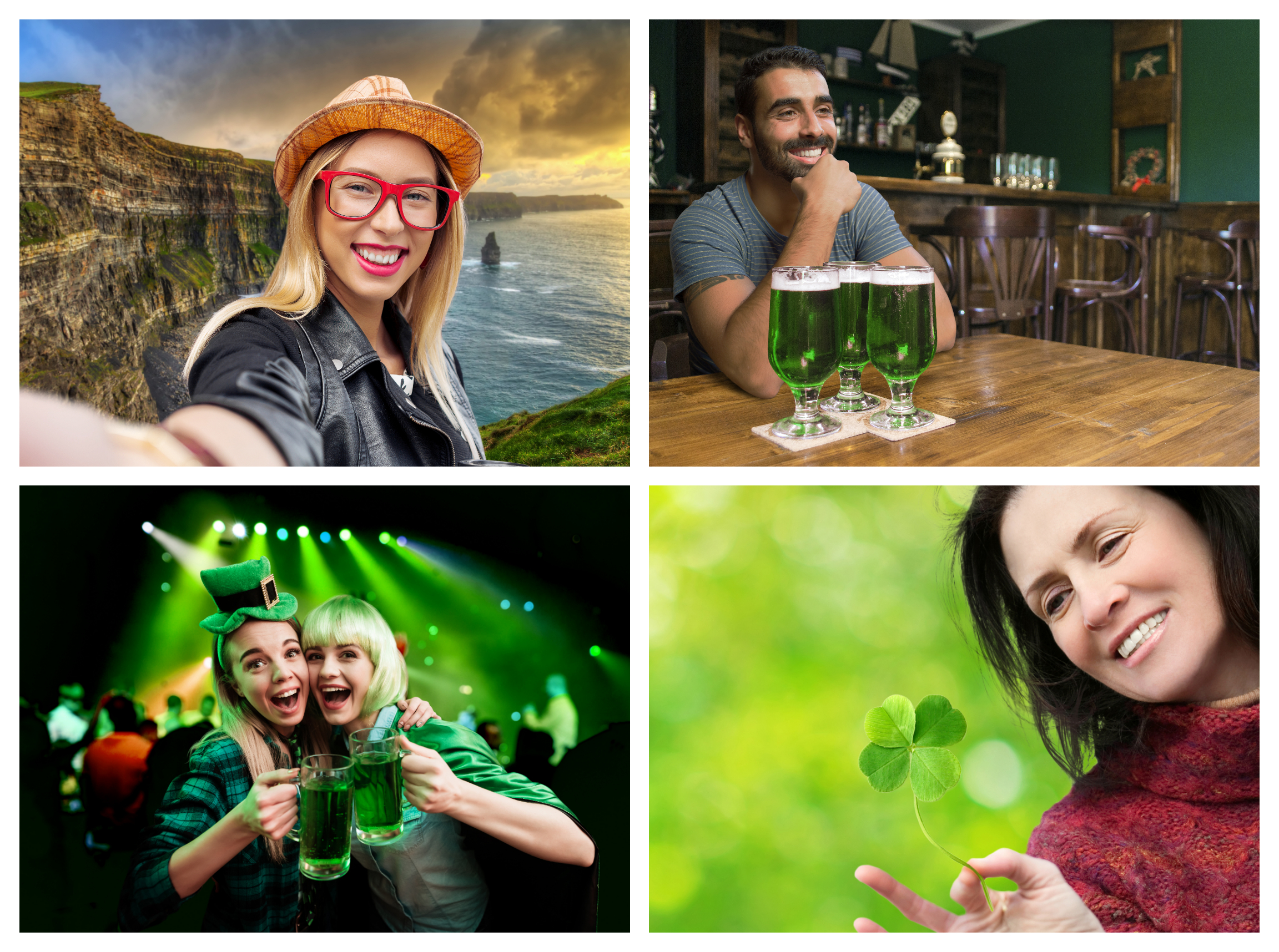Grid of images with St Patrick's Day theme. Woman on cliffs, guy with green beer, girls with green beer, and woman with a four leaf clover