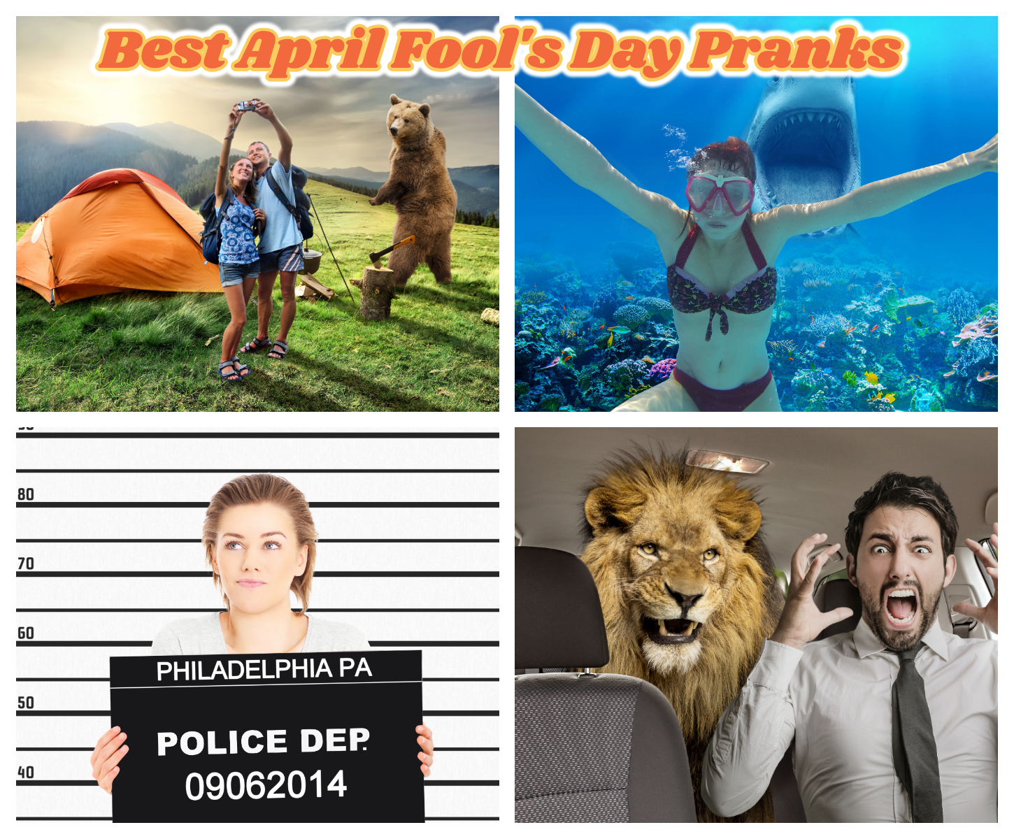 Best April Fool's Day Pranks images. Grid of four fun images.