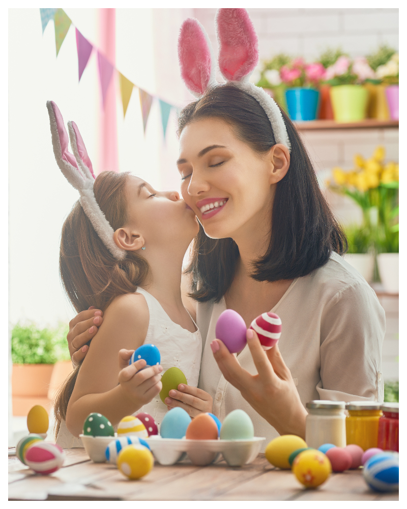 Easter photo of mom and daughter painting eggs