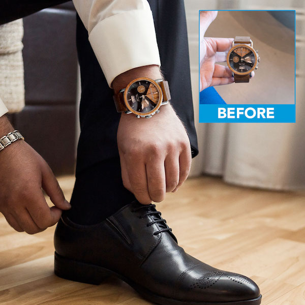 Lifestyle image infographic of a man wearing a watch and wearing fashionable clothes and watch